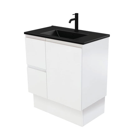 Fienza Fingerpull Satin White 750 Cabinet on Kickboard , With Moulded Basin-Top - Dolce Matte Black Ceramic Left Hand Drawer