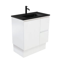 Fienza Fingerpull Satin White 750 Cabinet on Kickboard , With Moulded Basin-Top - Dolce Matte Black Ceramic Right Hand Drawer