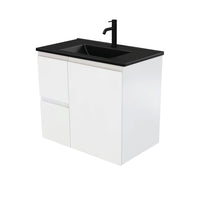 Fienza Fingerpull Satin White 750 Wall Hung Cabinet, Solid Door , With Moulded Basin-Top - Dolce Matte Black Ceramic Left Hand Drawer