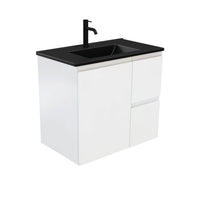 Fienza Fingerpull Satin White 750 Wall Hung Cabinet, Solid Door , With Moulded Basin-Top - Dolce Matte Black Ceramic Right Hand Drawer