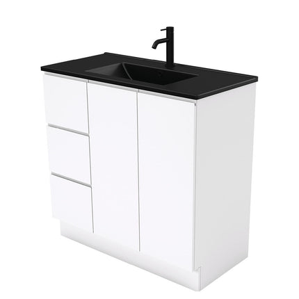 Fienza Fingerpull Gloss White 900 Cabinet on Kickboard , With Moulded Basin-Top - Dolce Matte Black Ceramic Left Hand Drawer
