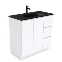 Fienza Fingerpull Gloss White 900 Cabinet on Kickboard , With Moulded Basin-Top - Dolce Matte Black Ceramic Right Hand Drawer