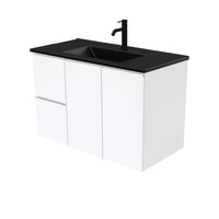 Fienza Fingerpull Gloss White 900 Wall Hung Cabinet, 2 Solid Drawers, Bevelled Edge , With Moulded Basin-Top - Dolce Matte Black Ceramic Left Hand Drawer