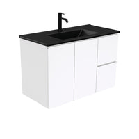 Fienza Fingerpull Gloss White 900 Wall Hung Cabinet, 2 Solid Drawers, Bevelled Edge , With Moulded Basin-Top - Dolce Matte Black Ceramic Right Hand Drawer
