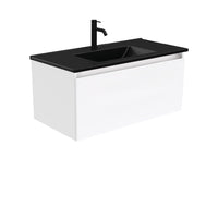 Fienza Manu Gloss White 900 Wall Hung Cabinet, 1 Solid Drawer, 4 Internal Drawers , With Moulded Basin-Top - Dolce Matte Black Ceramic