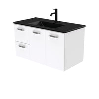 Fienza UniCab Gloss White 900 Wall Hung Cabinet, Solid Doors , With Moulded Basin-Top - Dolce Matte Black Ceramic Left Hand Drawer