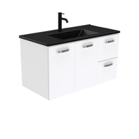 Fienza UniCab Gloss White 900 Wall Hung Cabinet, Solid Doors , With Moulded Basin-Top - Dolce Matte Black Ceramic Right Hand Drawer