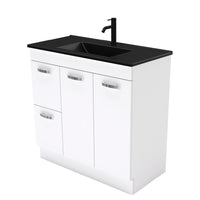 Fienza UniCab Gloss White 900 Cabinet on Kickboard, Solid Doors , With Moulded Basin-Top - Dolce Matte Black Ceramic Left Hand Drawer