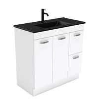 Fienza UniCab Gloss White 900 Cabinet on Kickboard, Solid Doors , With Moulded Basin-Top - Dolce Matte Black Ceramic Right Hand Drawer