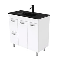 Fienza UniCab 900 Gloss White Cabinet on Legs, Left Hand Drawers, Solid Doors , With Moulded Basin-Top - Dolce Matte Black Ceramic