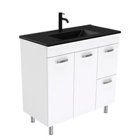 Fienza UniCab 900 Gloss White Cabinet on Legs, Right Hand Drawers, Solid Doors , With Moulded Basin-Top - Dolce Matte Black Ceramic