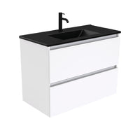 Fienza Quest Gloss White 900 Wall Hung Cabinet, 2 Solid Drawers , With Moulded Basin-Top - Dolce Matte Black Ceramic