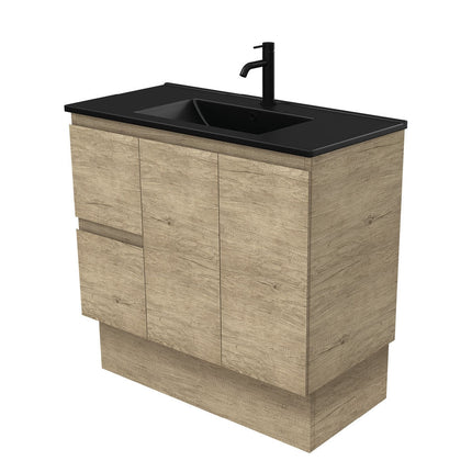 Fienza Edge Scandi Oak 900 Cabinet on Kickboard, Bevelled Edge , With Moulded Basin-Top - Dolce Matte Black Ceramic Left Hand Drawer