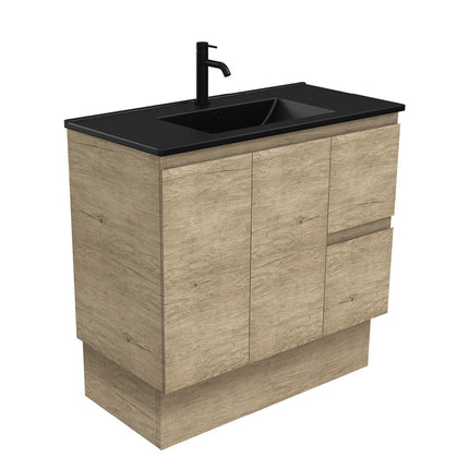 Fienza Edge Scandi Oak 900 Cabinet on Kickboard, Bevelled Edge , With Moulded Basin-Top - Dolce Matte Black Ceramic Right Hand Drawer