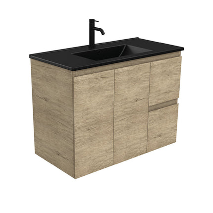 Fienza Edge Scandi Oak 900 Wall Hung Cabinet, Solid Doors, Bevelled Edge , With Moulded Basin-Top - Dolce Matte Black Ceramic Right Hand Drawer