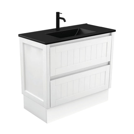 Fienza Hampton Satin White 900 Cabinet on Kickboard, 2 Drawers , With Moulded Basin-Top - Dolce Matte Black Ceramic