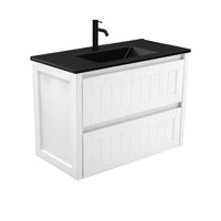 Fienza Hampton Satin White 900 Wall Hung Cabinet, 2 Solid Drawers , With Moulded Basin-Top - Dolce Matte Black Ceramic