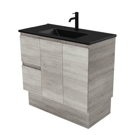 Fienza Edge Industrial 900 Cabinet on Kickboard, Solid Doors, Bevelled Edge , With Moulded Basin-Top - Dolce Matte Black Ceramic Left Hand Drawer