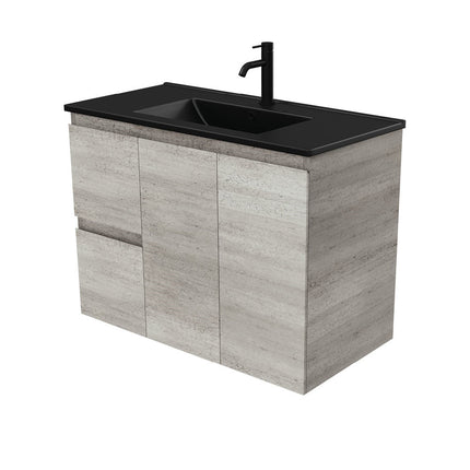 Fienza Edge Industrial 900 Wall Hung Cabinet, Solid Doors, Bevelled Edge , With Moulded Basin-Top - Dolce Matte Black Ceramic Left Hand Drawer