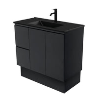Fienza Fingerpull Satin Black 900 Cabinet on Kickboard, Solid Doors , With Moulded Basin-Top - Dolce Matte Black Ceramic Left Hand Drawer