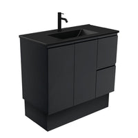 Fienza Fingerpull Satin Black 900 Cabinet on Kickboard, Solid Doors , With Moulded Basin-Top - Dolce Matte Black Ceramic Right Hand Drawer