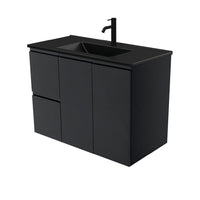 Fienza Fingerpull Satin Black 900 Wall Hung Cabinet, Solid Doors , With Moulded Basin-Top - Dolce Matte Black Ceramic Left Hand Drawer