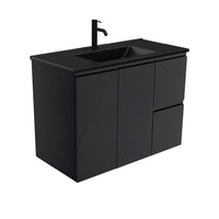 Fienza Fingerpull Satin Black 900 Wall Hung Cabinet, Solid Doors , With Moulded Basin-Top - Dolce Matte Black Ceramic Right Hand Drawer