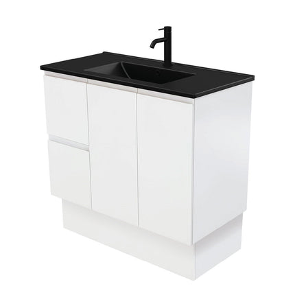 Fienza Fingerpull Satin White 900 Cabinet on Kickboard, Solid Doors , With Moulded Basin-Top - Dolce Matte Black Ceramic Left Hand Drawer
