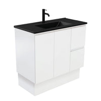 Fienza Fingerpull Satin White 900 Cabinet on Kickboard, Solid Doors , With Moulded Basin-Top - Dolce Matte Black Ceramic Right Hand Drawer