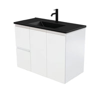 Fienza Fingerpull Satin White 900 Wall Hung Cabinet, Solid Doors , With Moulded Basin-Top - Dolce Matte Black Ceramic Left Hand Drawer