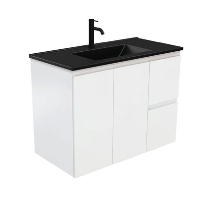 Fienza Fingerpull Satin White 900 Wall Hung Cabinet, Solid Doors , With Moulded Basin-Top - Dolce Matte Black Ceramic Right Hand Drawer