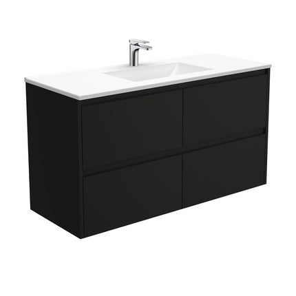 Fienza Amato Satin Black 1200 Wall Hung Cabinet, Solid Drawers, Bevelled edge , With Moulded Basin-Top - Vanessa Poly-Marble Satin Black Panels