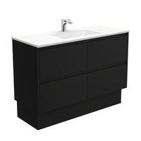 Fienza Amato Satin Black 1200 Cabinet on Kickboard, Solid Panels, Bevelled Edge , With Moulded Basin-Top - Vanessa Poly-Marble Satin Black Panels