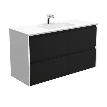 Fienza Amato Satin Black 1200 Wall Hung Cabinet, Solid Drawers, Bevelled edge , With Moulded Basin-Top - Vanessa Poly-Marble Satin White Panels