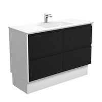 Fienza Amato Satin Black 1200 Cabinet on Kickboard, Solid Panels, Bevelled Edge , With Moulded Basin-Top - Vanessa Poly-Marble Satin White Panels