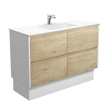 Fienza Amato Scandi Oak 1200 Cabinet on Kickboard, Solid Panels, Bevelled Edge , With Moulded Basin-Top - Vanessa Poly-Marble Satin White Panels