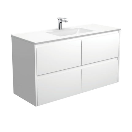 Fienza Amato Satin White 1200 Wall Hung Cabinet, Solid Drawers, Bevelled Edge , With Moulded Basin-Top - Vanessa Poly-Marble Satin White Panels