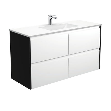 Fienza Amato Satin White 1200 Wall Hung Cabinet, Solid Drawers, Bevelled Edge , With Moulded Basin-Top - Vanessa Poly-Marble Satin Black Panels
