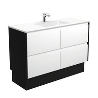 Fienza Amato Satin White 1200 Cabinet on Kickboard, Solid Panels, Bevelled Edge , With Moulded Basin-Top - Vanessa Poly-Marble Satin Black Panels