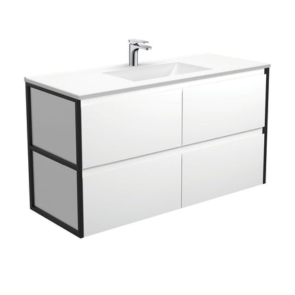 Fienza Amato Satin White 1200 Wall Hung Cabinet, Solid Drawers, Bevelled Edge , With Moulded Basin-Top - Vanessa Poly-Marble Matte Black Frames