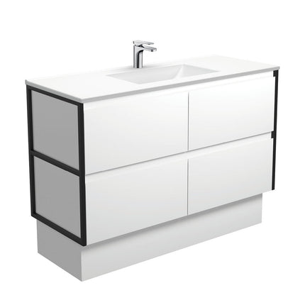 Fienza Amato Satin White 1200 Cabinet on Kickboard, Solid Panels, Bevelled Edge , With Moulded Basin-Top - Vanessa Poly-Marble Matte Black Frames
