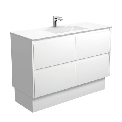 Fienza Amato Satin White 1200 Cabinet on Kickboard, Solid Panels, Bevelled Edge , With Moulded Basin-Top - Vanessa Poly-Marble Satin White Panels
