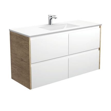 Fienza Amato Satin White 1200 Wall Hung Cabinet, Solid Drawers, Bevelled Edge , With Moulded Basin-Top - Vanessa Poly-Marble Scandi Oak Panels