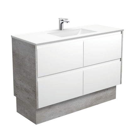 Fienza Amato Satin White 1200 Cabinet on Kickboard, Solid Panels, Bevelled Edge , With Moulded Basin-Top - Vanessa Poly-Marble Industrial Panels