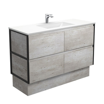 Fienza Amato Industrial 1200 Cabinet on Kickboard, Solid Panels, Bevelled Edge , With Moulded Basin-Top - Vanessa Poly-Marble Matte Black Frames
