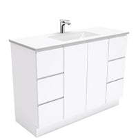Fienza Fingerpull Gloss White 1200 Cabinet on Kickboard, Solid Doors , With Moulded Basin-Top - Vanessa Poly-Marble