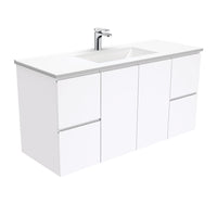 Fienza Fingerpull Gloss White 1200 Wall Hung Cabinet, Solid Doors , With Moulded Basin-Top - Vanessa Poly-Marble