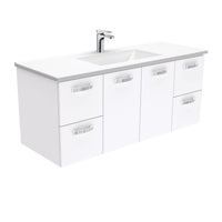 Fienza UniCab Gloss White 1200 Wall Hung Cabinet, Solid Doors , With Moulded Basin-Top - Vanessa Poly-Marble