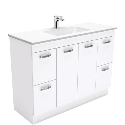 Fienza UniCab Gloss White 1200 Cabinet on Kickboard, Solid Doors , With Moulded Basin-Top - Vanessa Poly-Marble