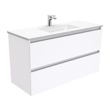 Fienza Quest Gloss White 1200 Wall Hung Cabinet, 2 Solid Drawers , With Moulded Basin-Top - Vanessa Poly-Marble